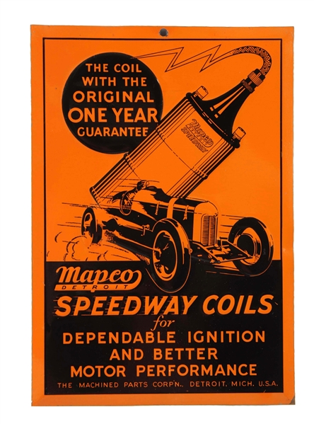 MAPCO SPEEDWAY COILS W/RACE CAR TIN SIGN.             