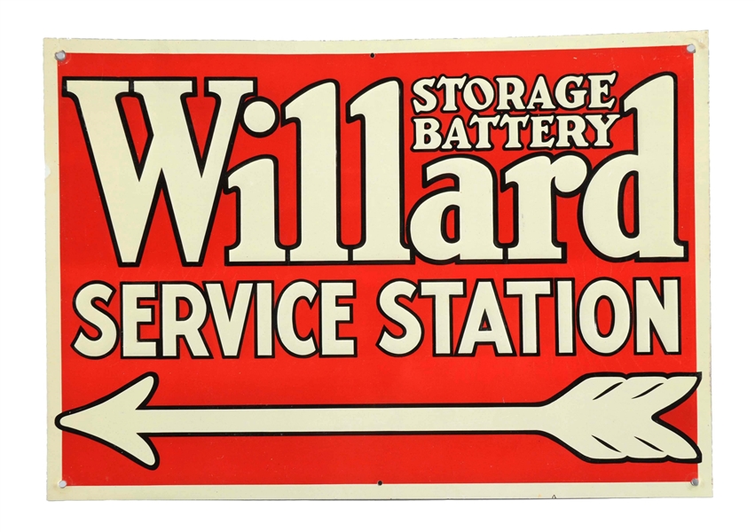 WILLARD STORAGE BATTERY SERVICE STATION EMBOSSED TIN SIGN.     