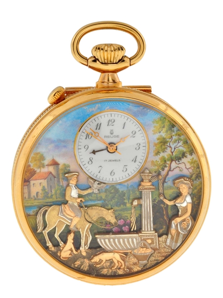 REUGE MUSICAL ALARM POCKET WATCH WITH AUTOMATA      