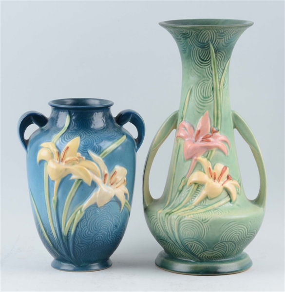 LOT OF 2: GREEN&BLUE POTTERY VASES WITH LILIES.