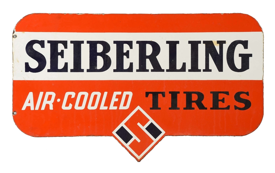 SEIBERLING AIR-COOLED TIRES DIECUT PORCELAIN SIGN.               
