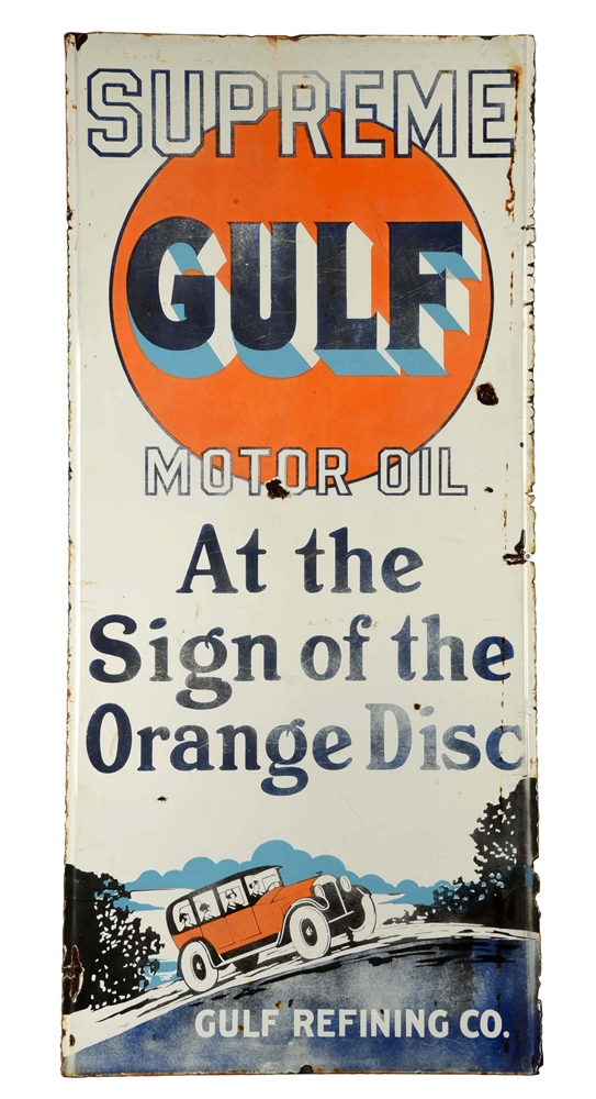 GULF SUPREME MOTOR OIL W/CAR VERTICAL PORCELAIN SIGN.     