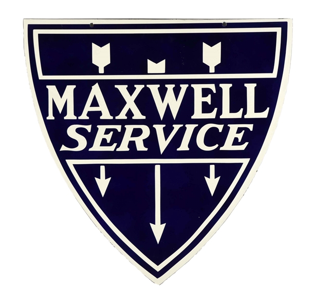 MAXWELL SERVICE W/ARROWS DIECUT PORCELAIN SIGN RESTORED.           