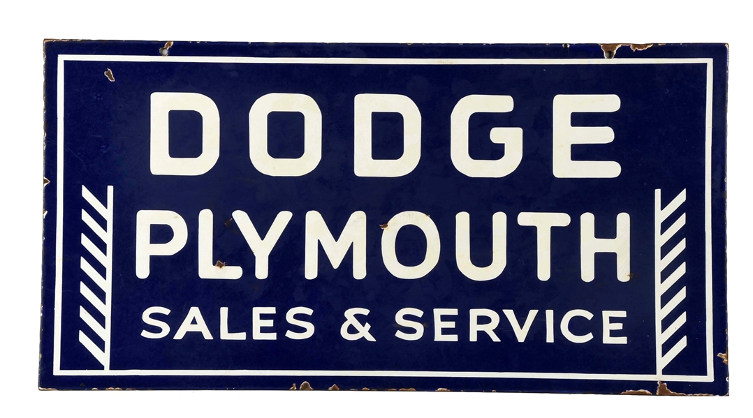 DODGE PLYMOUTH SALES & SERVICE PORCELAIN SIGN.              