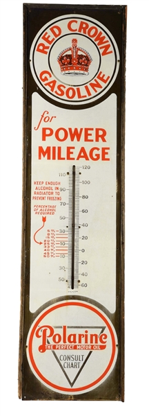 RED CROWN GASOLINE LARGE THERMOMETER PORCELAIN SIGN.             