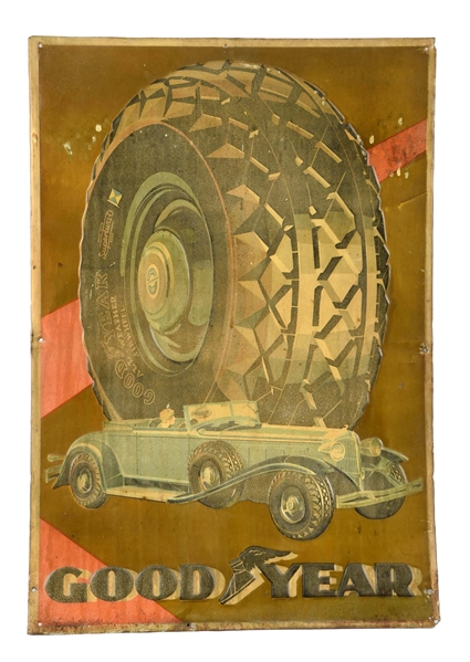 GOODYEAR TIRES W/AUTO & TIRE GRAPHIC EMBOSSED TIN SIGN.        