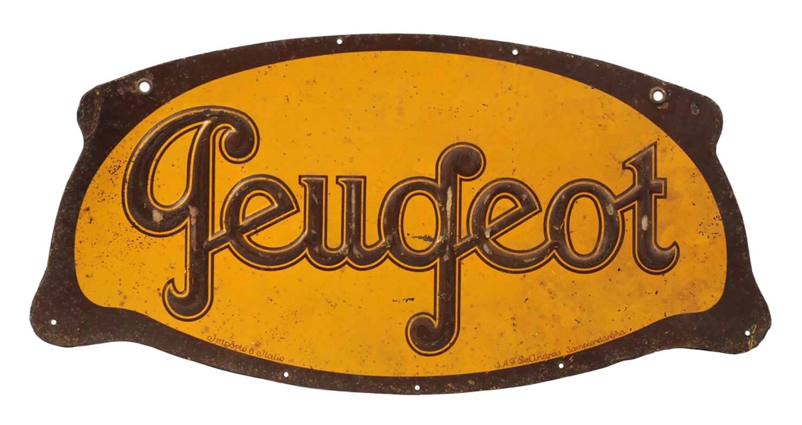 PEUGEOT AUTOMOBILES EMBOSSED TIN SIGN.                         