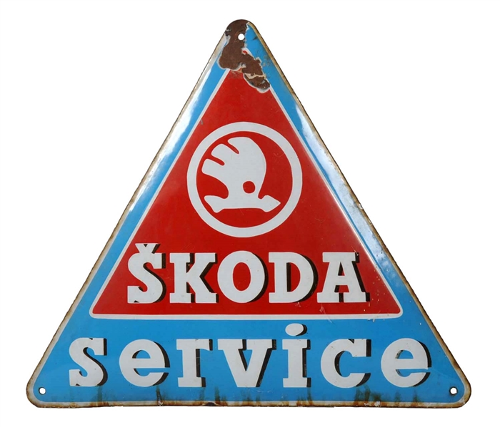 SKODA SERVICE W/LOGO CONVEXED PORCELAIN SIGN.           