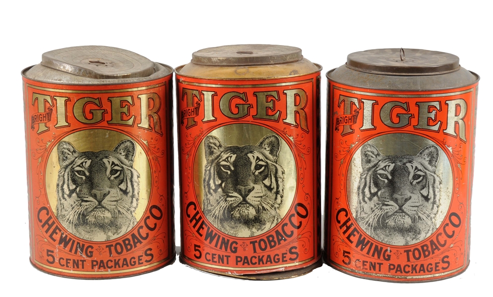 LOT OF 3: TIGER CHEWING TOBACCO TINS.