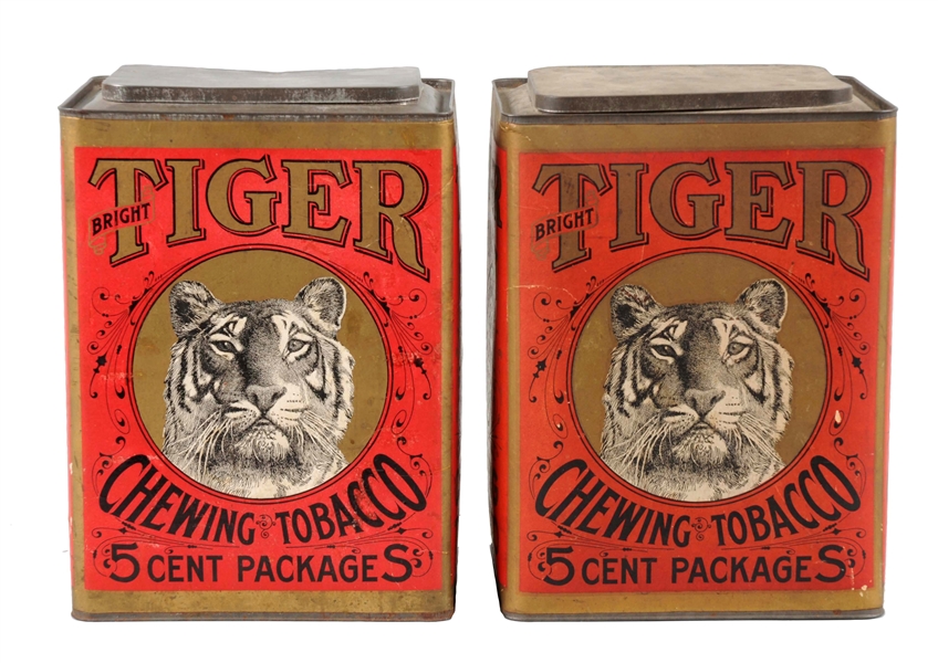 LOT OF 2: TIGER CHEWING TOBACCO CARDBOARD CANISTERS.