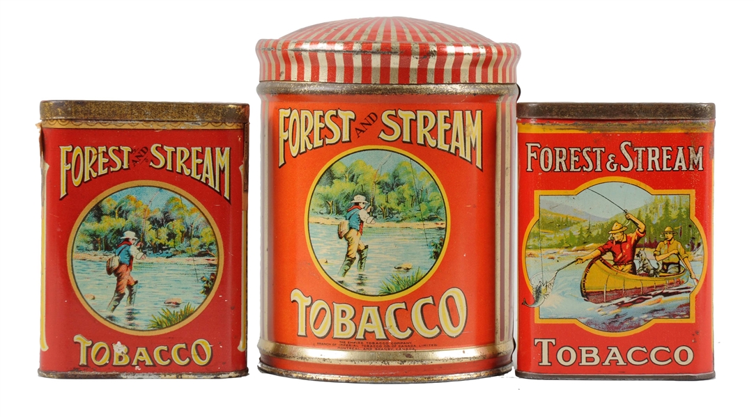 LOT OF 3 FORREST & STREAM TOBACCO TIN.