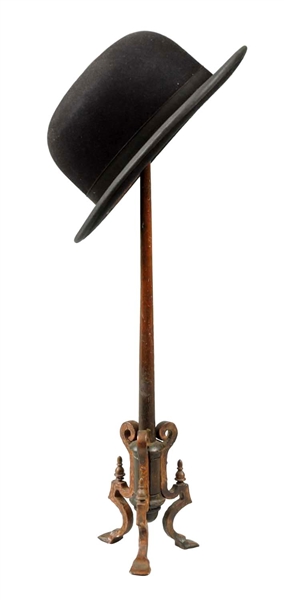 CAST IRON AND WOOD HAT DISPLAY.