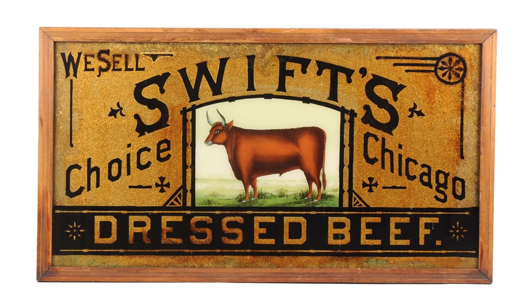 SWIFT DRESSED BEEF REVERSE GLASS ADVERTISING SIGN.