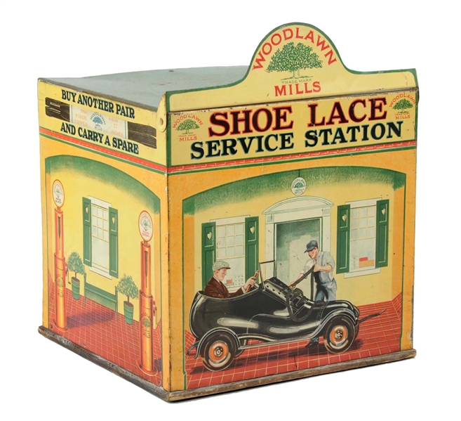 WOOD LAWN MILLS SHOE LACE SERVICE STATION TIN DISPLAY.