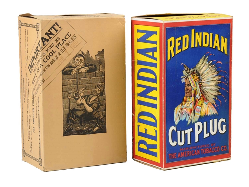 LOT OF 2: RED INDIAN CUT PLUG & FIVE BROTHERS TOBACCO DISPLAY BOXES.