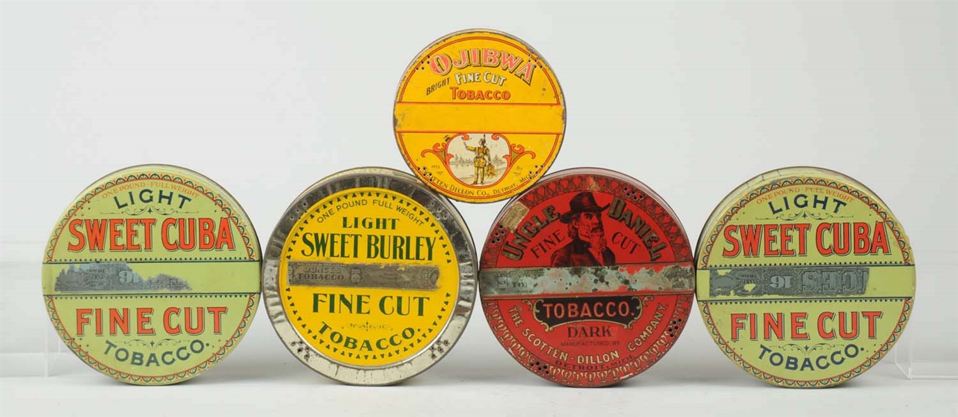 LOT OF 5: EARLY TOBACCO TINS.