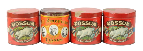LOT OF 4: POSSUM & AMERICAN CIGARS ADVERTISING TINS.