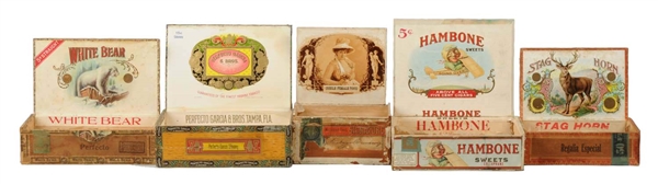 LOT OF 5: EARLY WOODEN CIGAR BOXES.