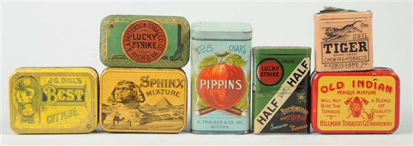 LOT OF 7: EARLY TOBACCO TINS.