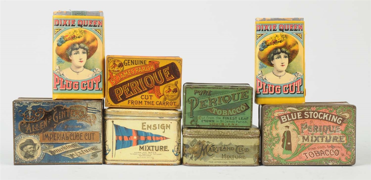 LOT OF 8:  EARLY TOBACCO TINS. 