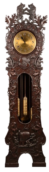 HIGHLY CARVED BLACK FOREST 8-DAY CLOCK.           