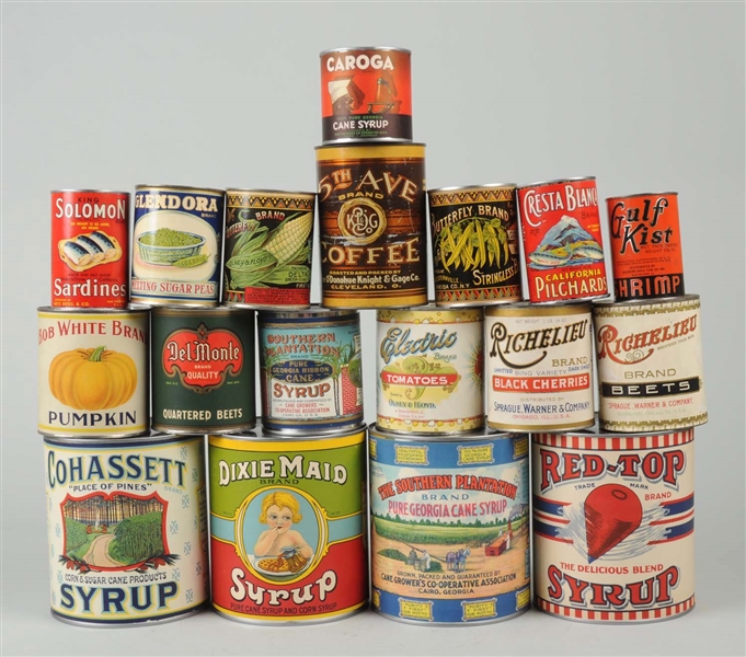 LOT OF 17: EARLY FOOD RELATED ADVERTISING CANS.  