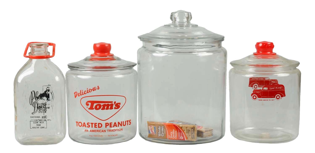 LOT OF 4: TOMS PEANUT & GORDANS ADVERTISING GLASS JARS.