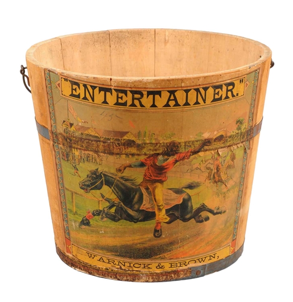 EARLY ENTERTAINER WOODEN TOBACCO BUCKET.