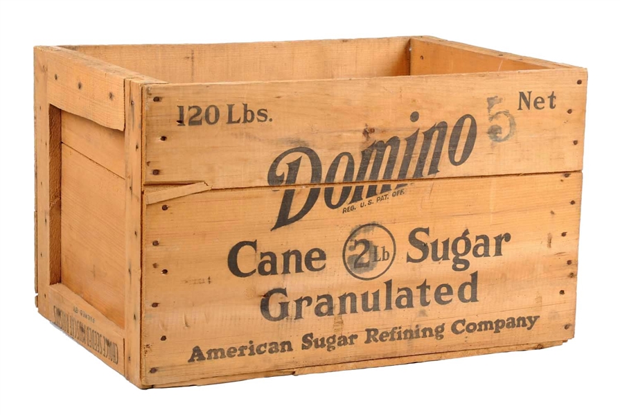 DOMINOS CANE SUGAR WOODEN ADVERTISING CRATE.