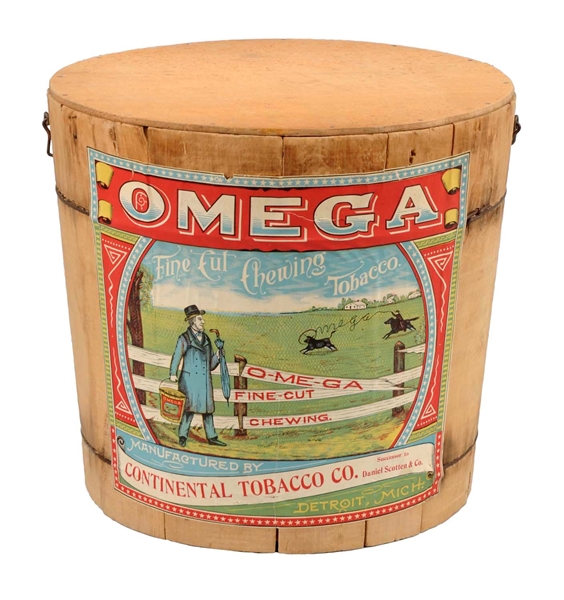 OMEGA FINE CUT CHEWING TOBACCO WOODEN BUCKET.