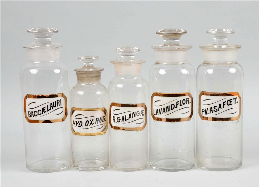 LOT OF 5: EARLY APOTHECARY BOTTLES.