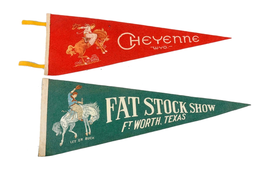 LOT OF 2: CHEYENNE & FAT STOCK SHOW ADVERTISING PENNANTS.