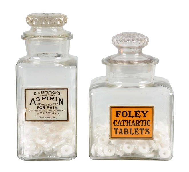 LOT OF 2: DR. SIMMONS ASPIRIN & FOLEY CATHARTIC TABLET GLASS JARS.