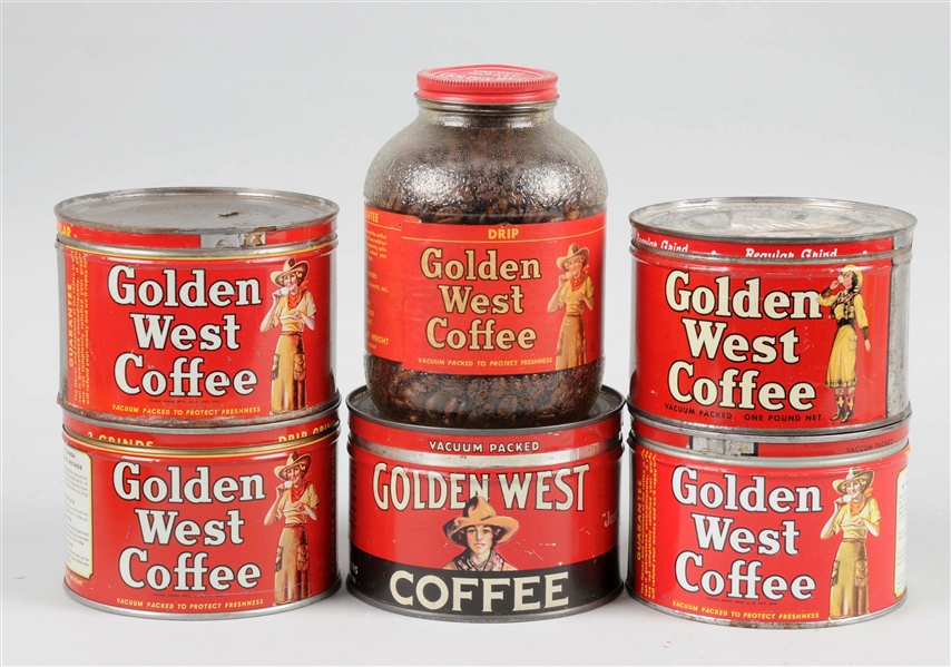 LOT OF 6: GOLDEN WEST COFFEE TINS & JAR.