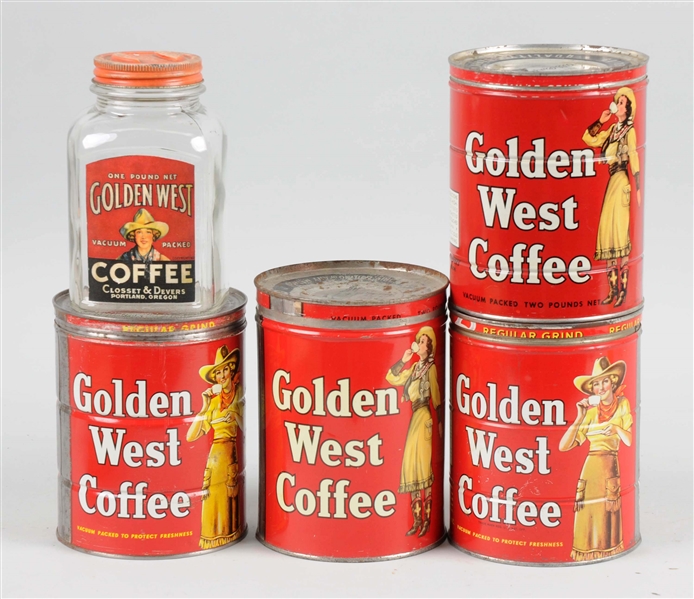 LOT OF 5: GOLDEN WEST COFFEE TINS & JAR.