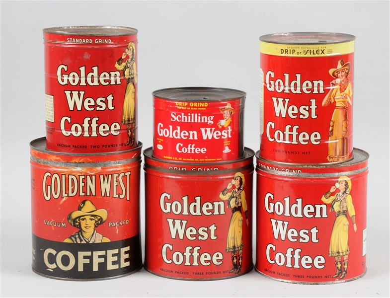 LOT OF 6: GOLDEN WEST COFFEE TINS.