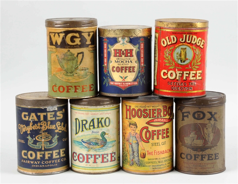 LOT OF 7: EARLY COFFEE TINS.