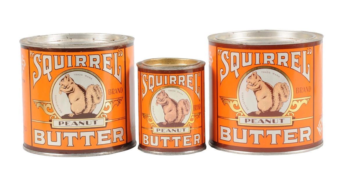 LOT OF 3: SQUIRREL BRAND PEANUT BUTTER TINS.