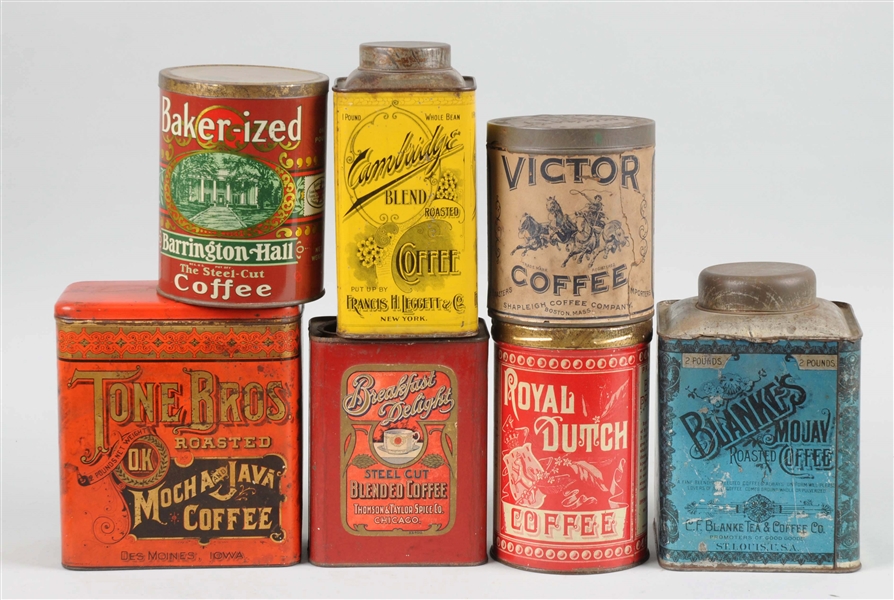 LOT OF 7: EARLY COFFEE TINS.