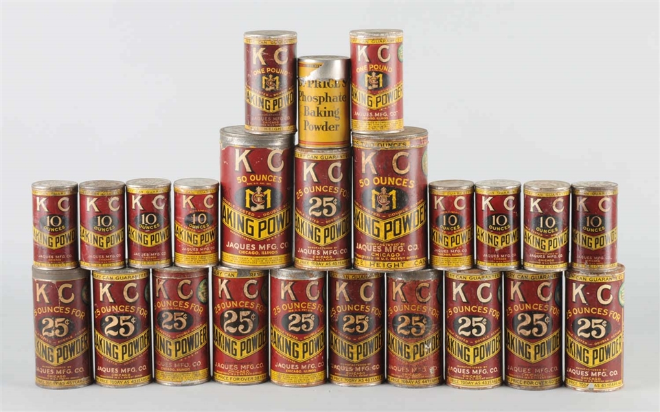 LARGE LOT OF KC BAKING POWDER CANISTERS.
