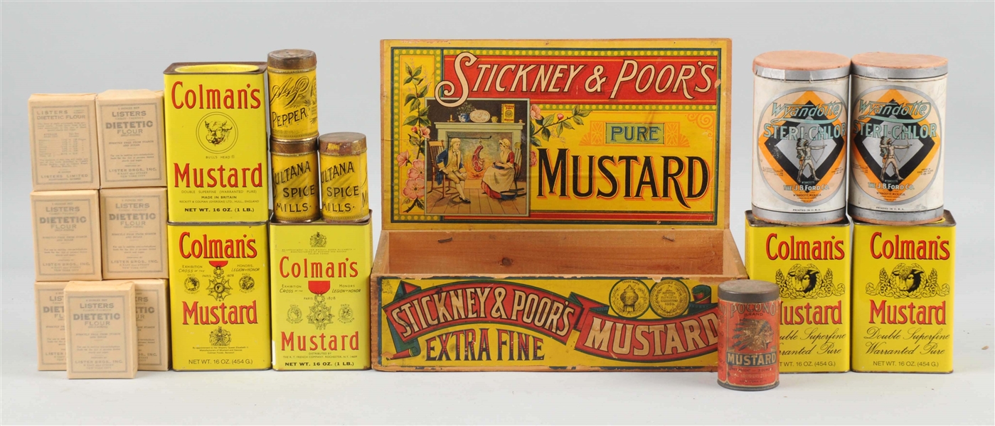 LOT OF STICKNEY & POORS MUSTARD BOX & OTHER GENERAL STORE ITEMS.