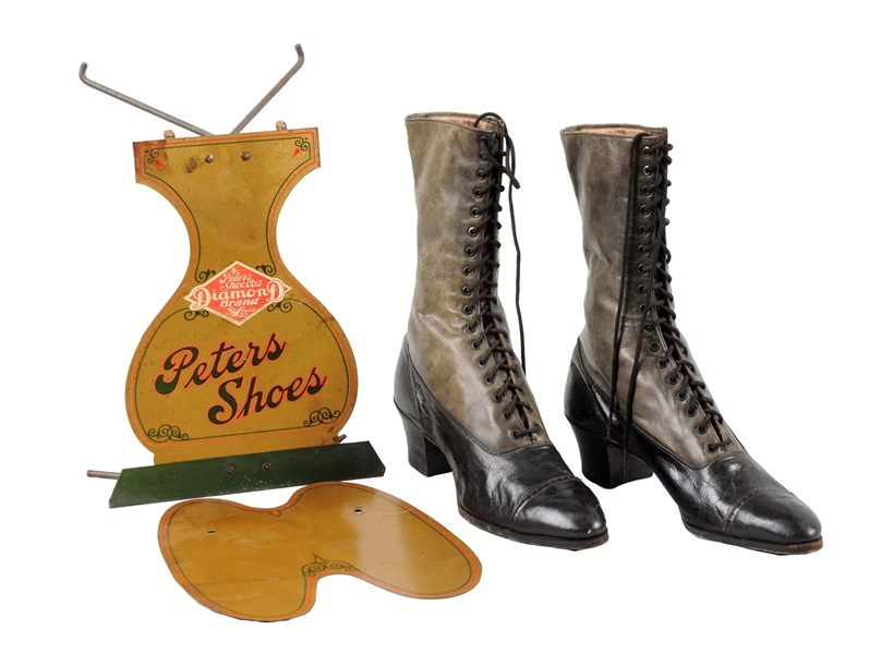PAIR OF LADYS BOOTS W/ PETERS SHOES LITHOGRAPHED DISPLAY.