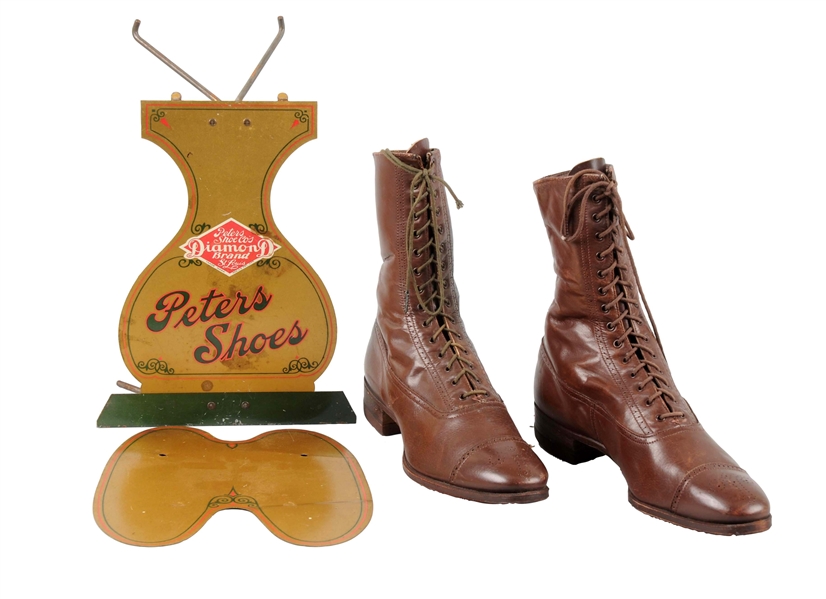 PAIR OF EARLY WOMENS BOOTS W/ PETERS SHOES TIN LITHO DISPLAY.