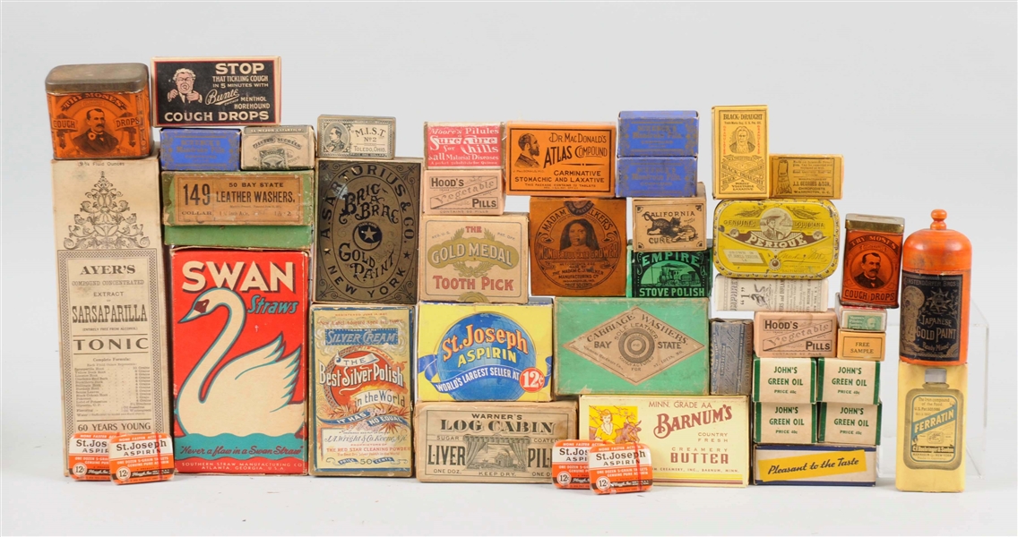 LARGE LOT OF ASSORTED EARLY GENERAL STORE PRODUCTS.