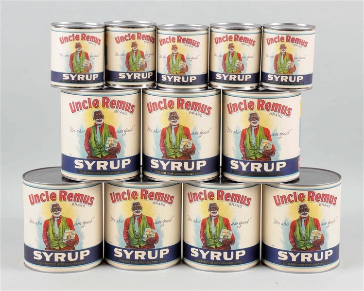 LOT OF 12: UNCLE REMUS BRAND SYRUP CANS.