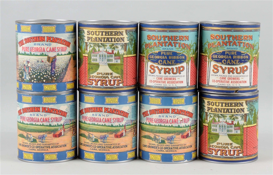 LOT OF 8: SOUTHERN PLANTATION SYRUP CANS.