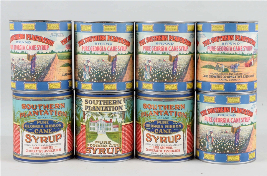 LOT OF 8: SOUTHERN PLANTATION BRAND CANE SYRUP CANS.  