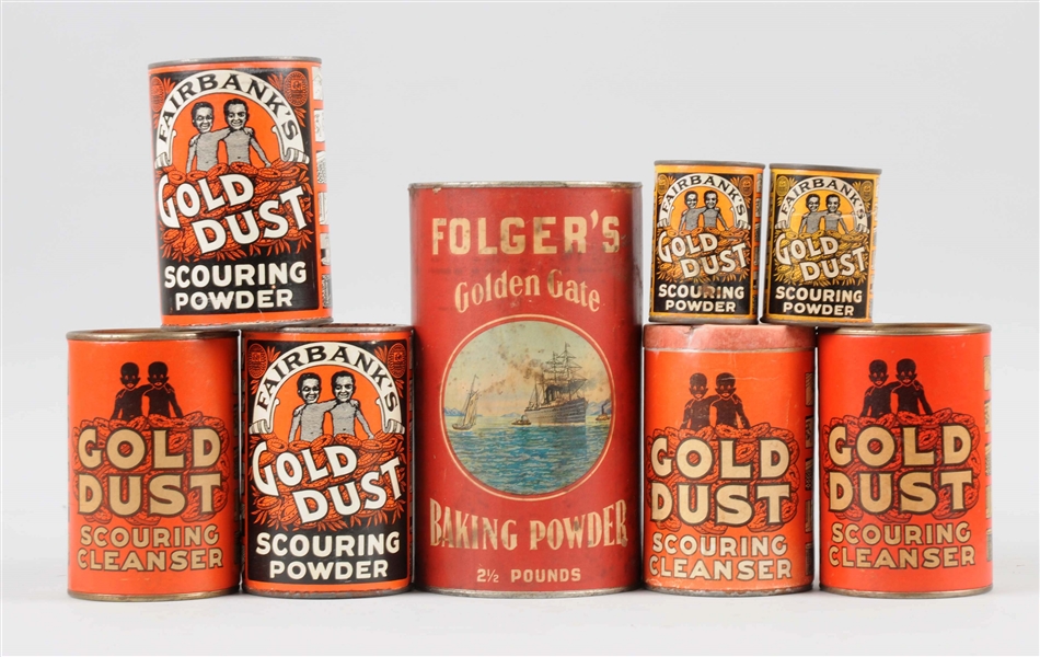 LOT OF 8: GOLD DUST & GOLDEN GATE BAKING POWDER CANS.