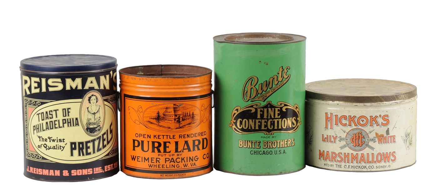 LOT OF 4: ASSORTED PRODUCT TINS.