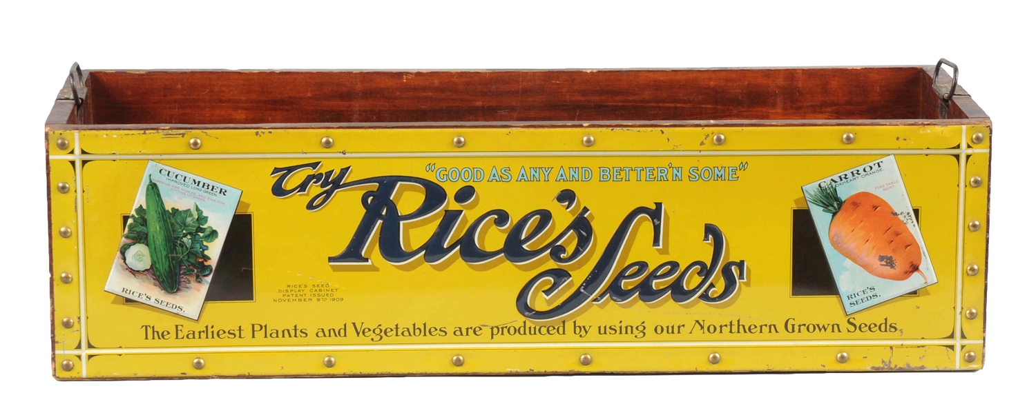 RICES SEEDS TIN & WOODEN ADVERTISING BOX.